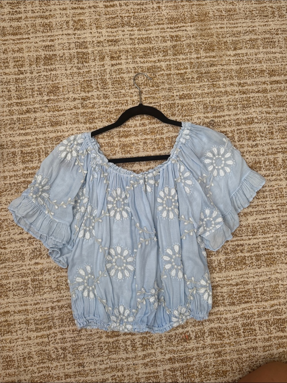 Sunday Light Blue White Floral Embroidered Peasant Top